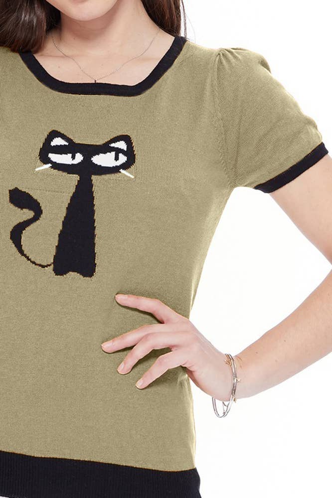 Short Sleeve Crewneck Cat Print Sweater