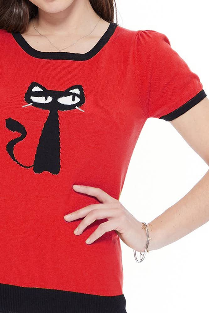 Short Sleeve Crewneck Cat Print Sweater