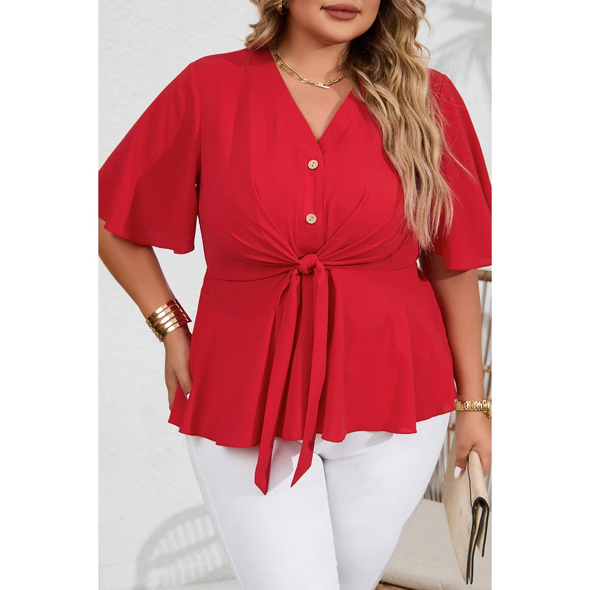 Plus Solid Butterfly Sleeve Knot Front Peplum Shirt