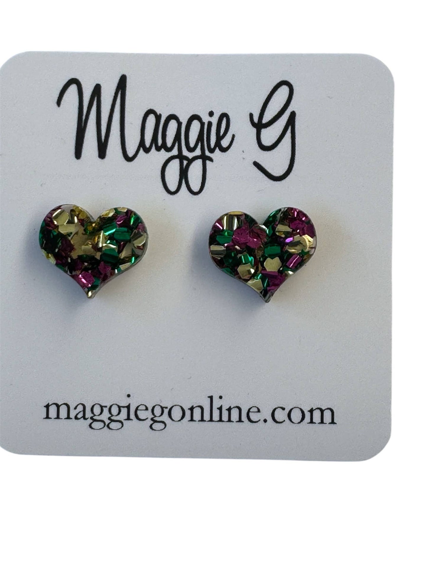 Handmade Glitter Mardi Gras Heart Earrings