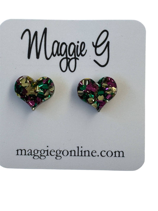 Handmade Glitter Mardi Gras Heart Earrings