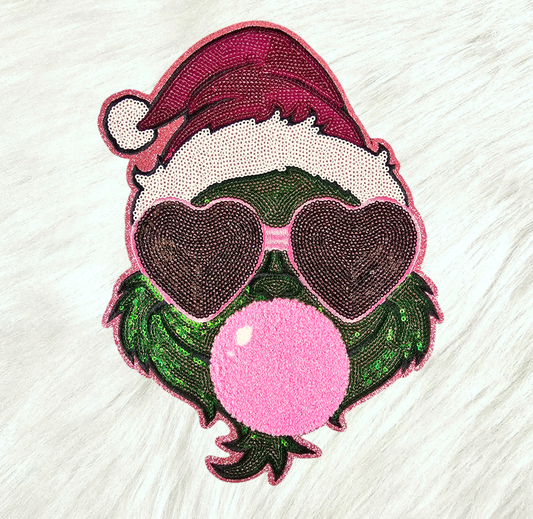 Mean Green Guy Bubble Heart Glasses Pink Large Sequin Glitter Iron-on Patch