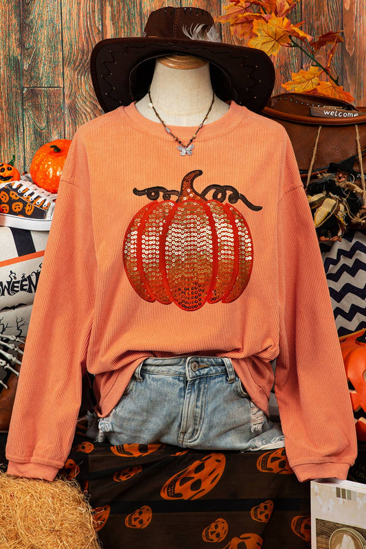 Pumpkin Ribbed Round Neck Sweatshirt