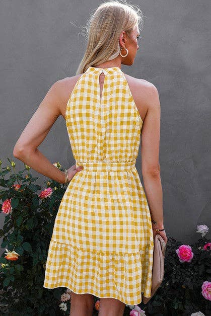 Plaid Key Hole Back Halter Sleeveless Dress