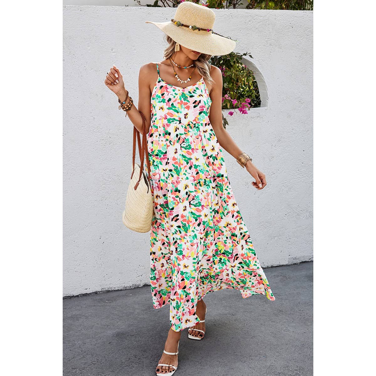 Allover Print Sleeveless Pockets Color Block Dress