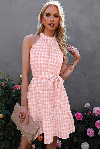 Plaid Key Hole Back Halter Sleeveless Dress