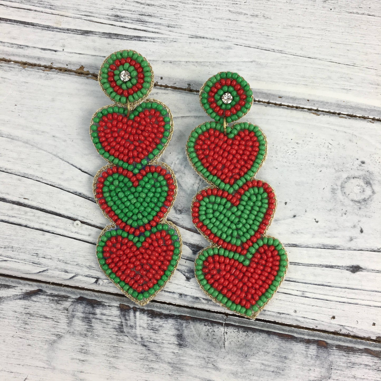 Beaded Stacked Heart Christmas Earrings