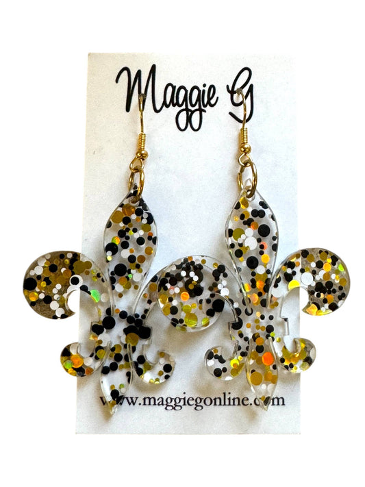 Black and Gold Glitter Fleur De Lis Earrings
