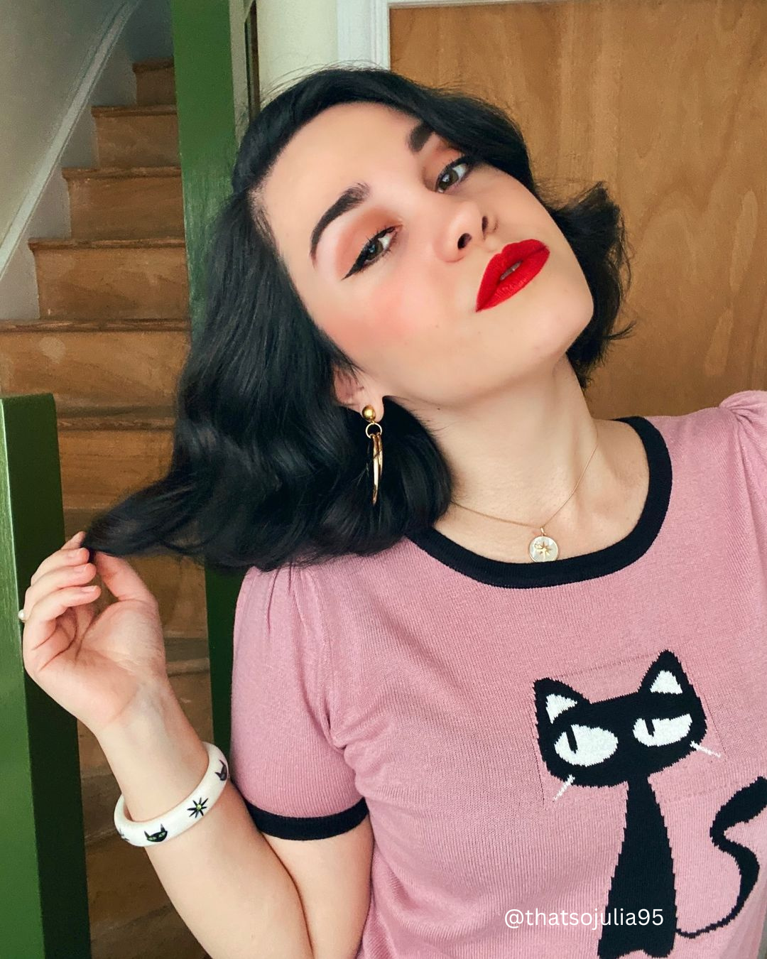 Short Sleeve Crewneck Cat Print Sweater