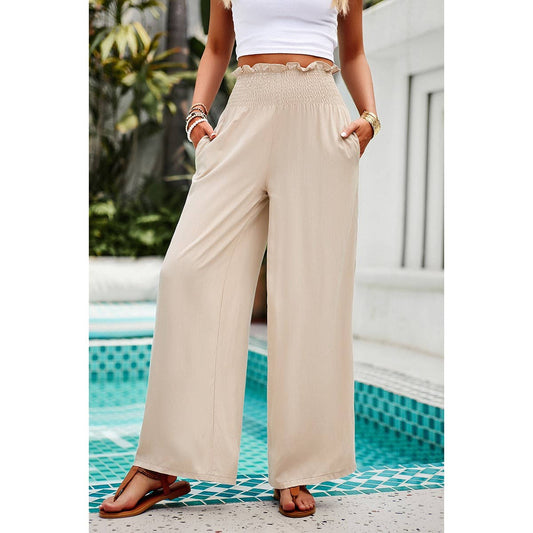 Pockets Elastic Waist Band Smocked Wide Leg Pant