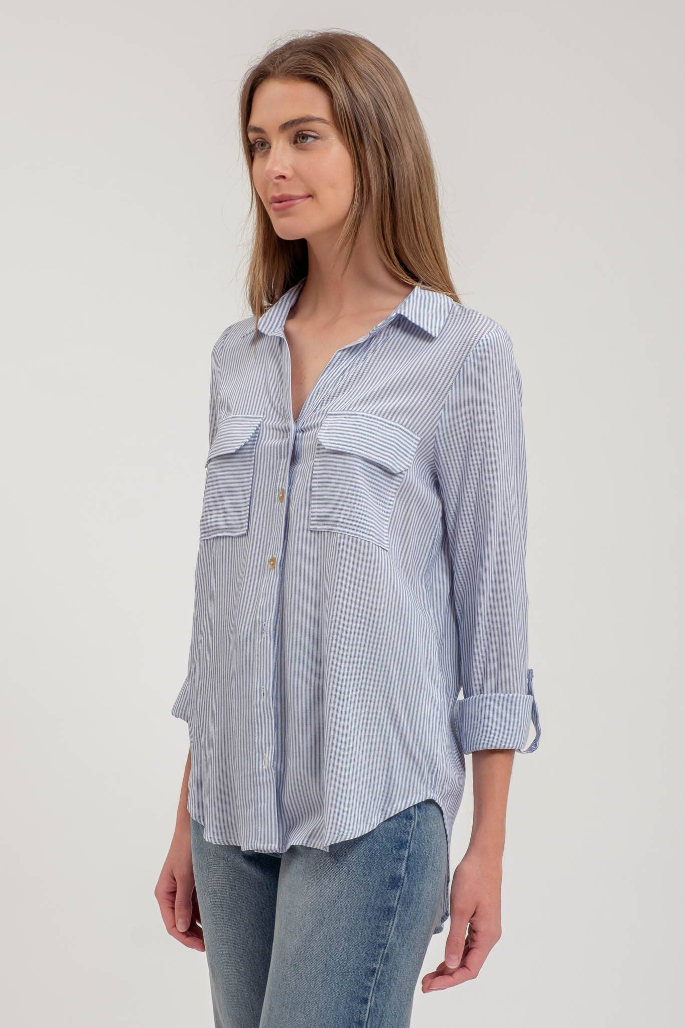 Striped Collared Button Down Blouse