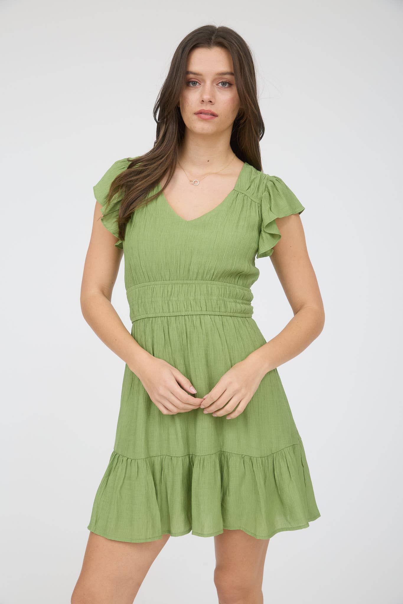 V Neck Short Sleeve Ruffle Mini Dress