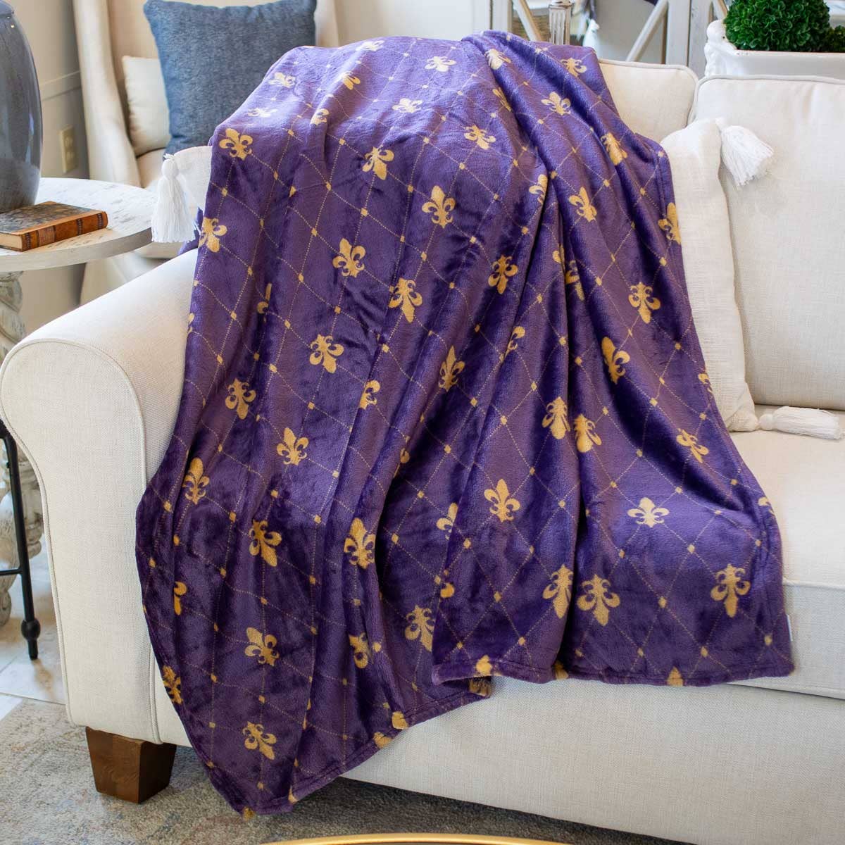 Purple & Gold Fleur de Lis Throw Blanket