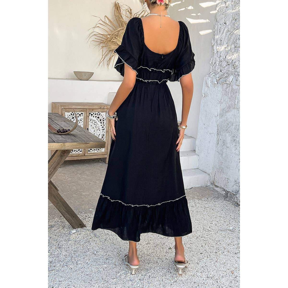 Off Shoulder Bodycon Backless Ruffle Trim Dress
