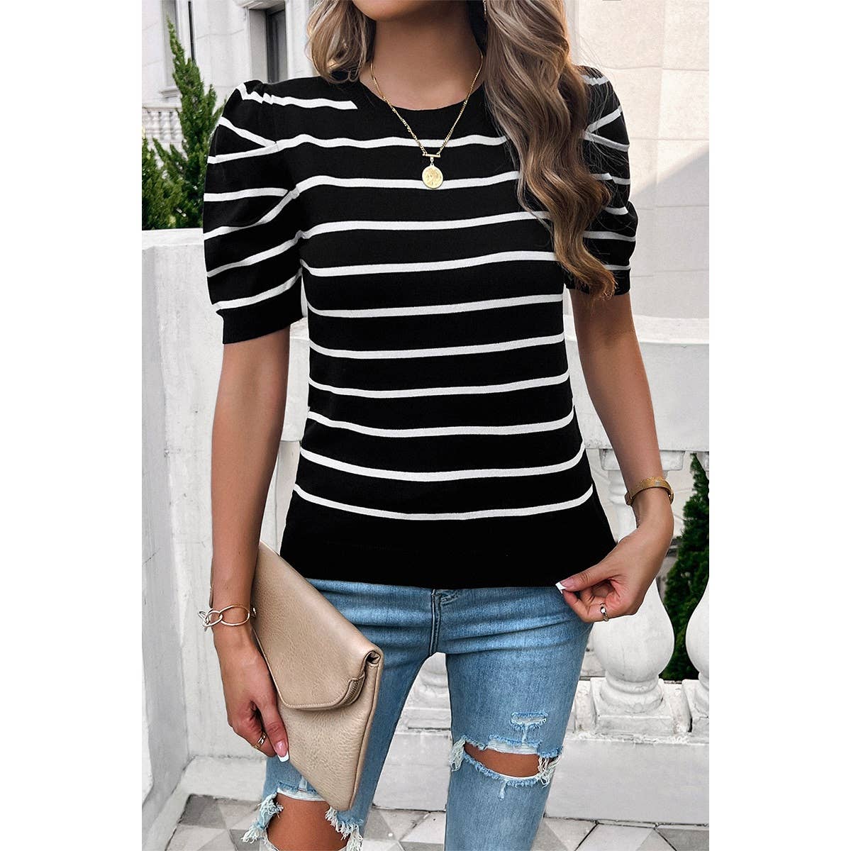 Strip Round Neck Knit Puff Sleeve Fit Top