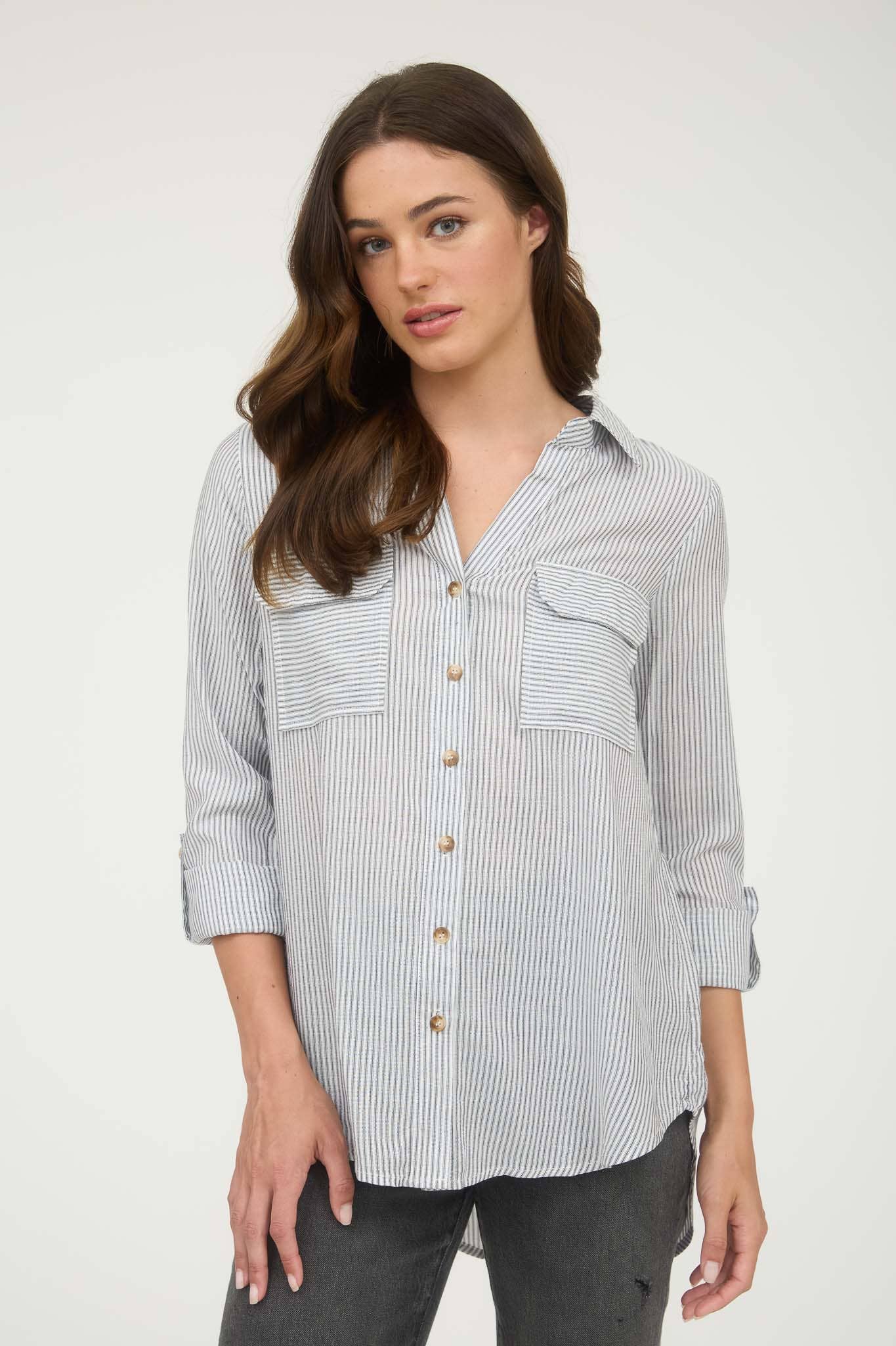 Striped Collared Button Down Blouse