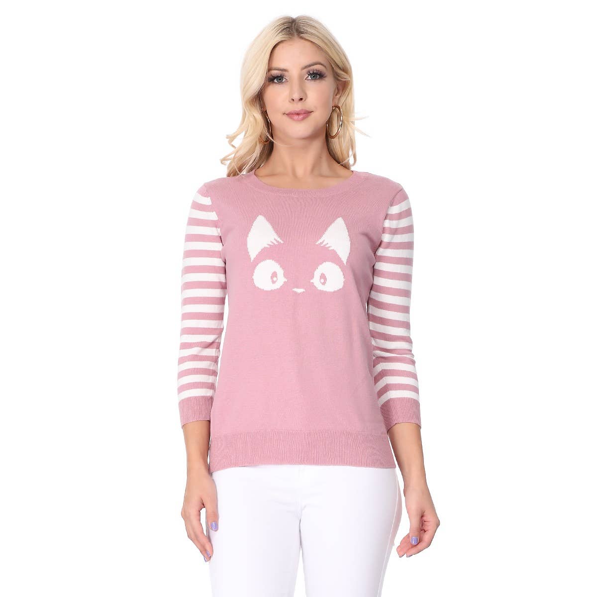 3/4 Sleeve Cat Crewneck Pullover Sweater