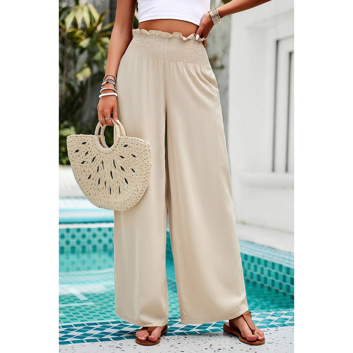 Pockets Elastic Waist Band Smocked Wide Leg Pant