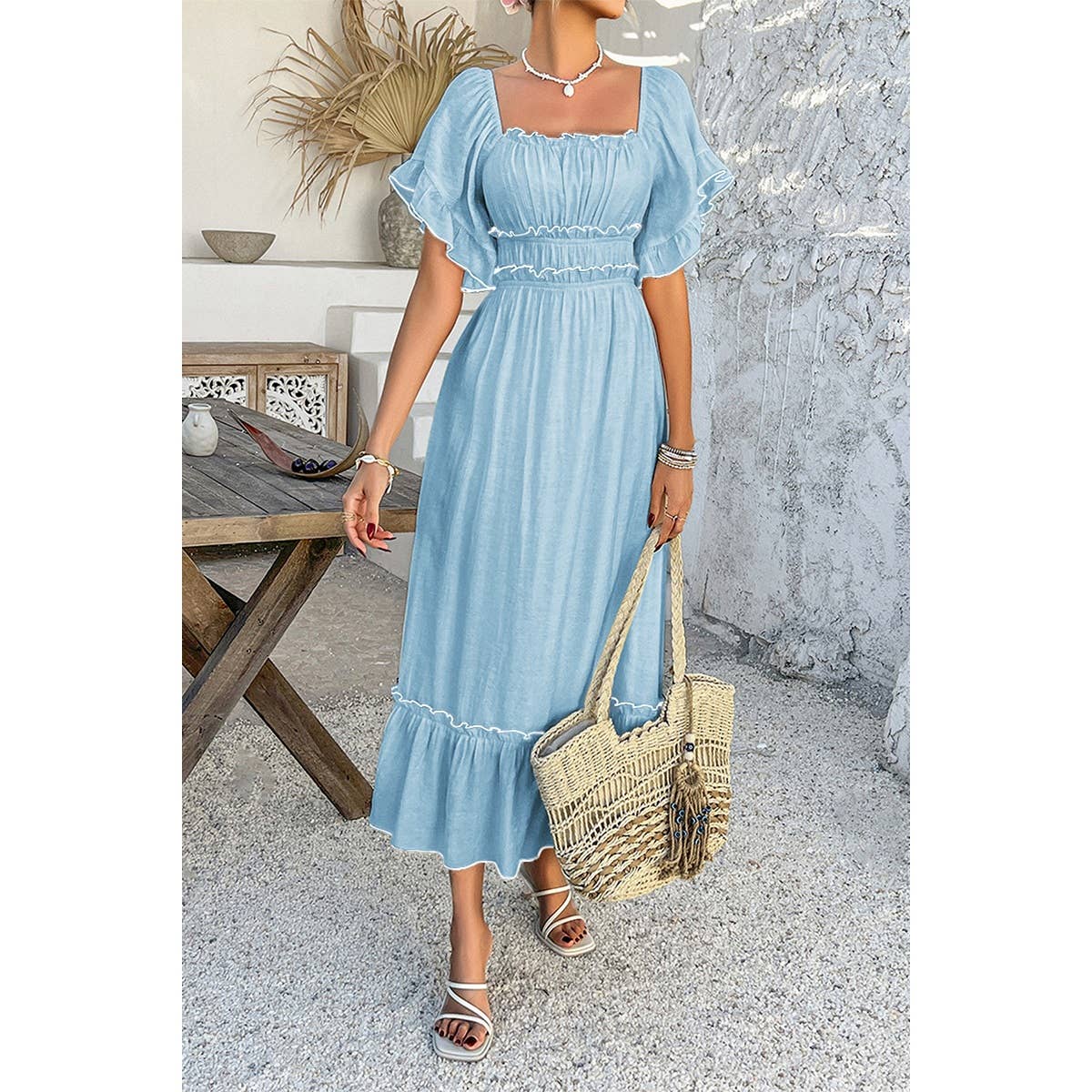 Off Shoulder Bodycon Backless Ruffle Trim Dress