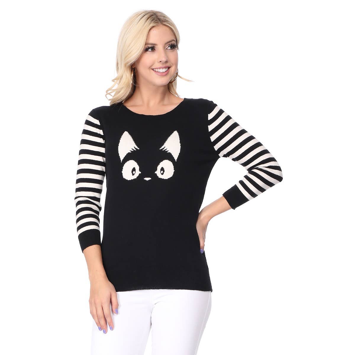 3/4 Sleeve Cat Crewneck Pullover Sweater