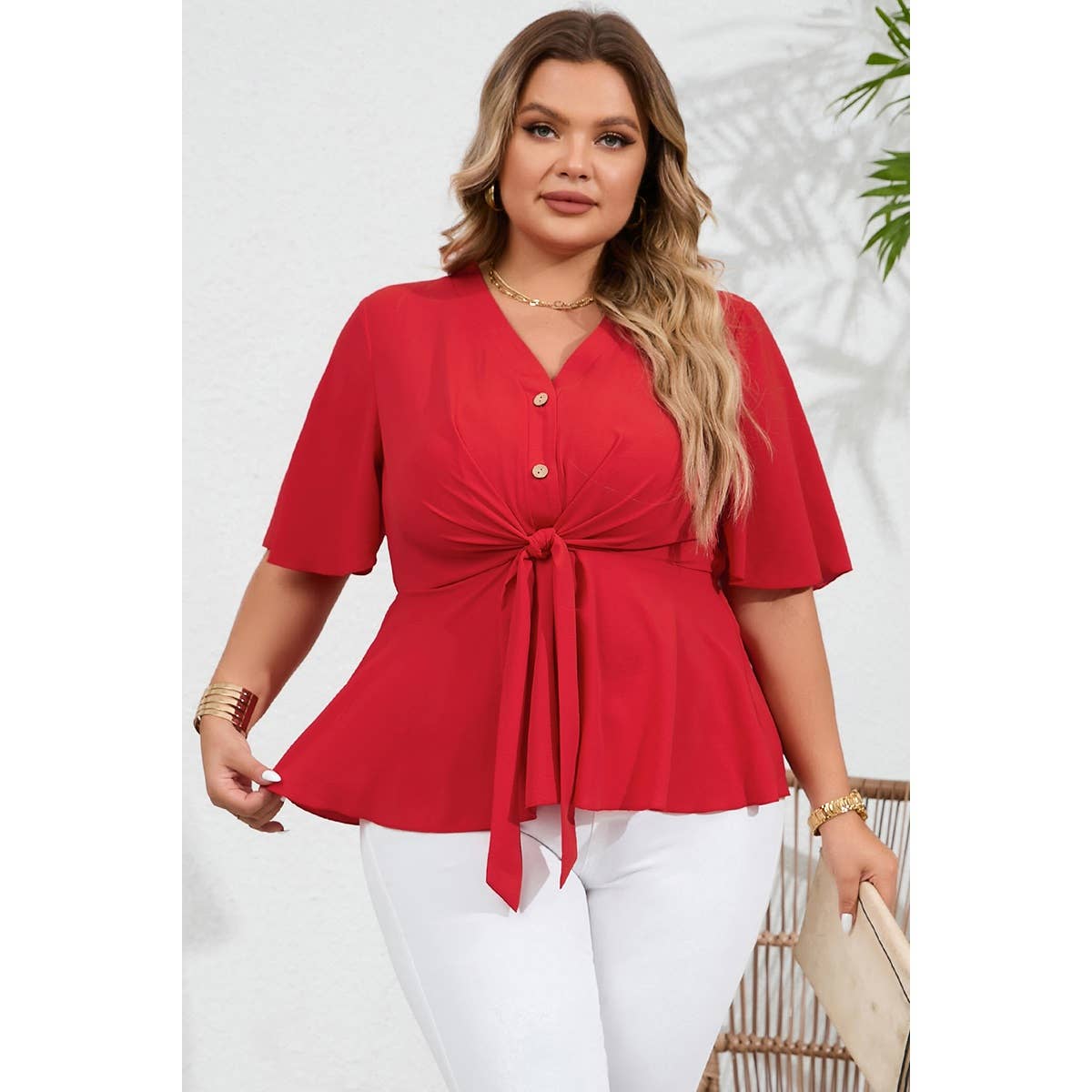 Plus Solid Butterfly Sleeve Knot Front Peplum Shirt