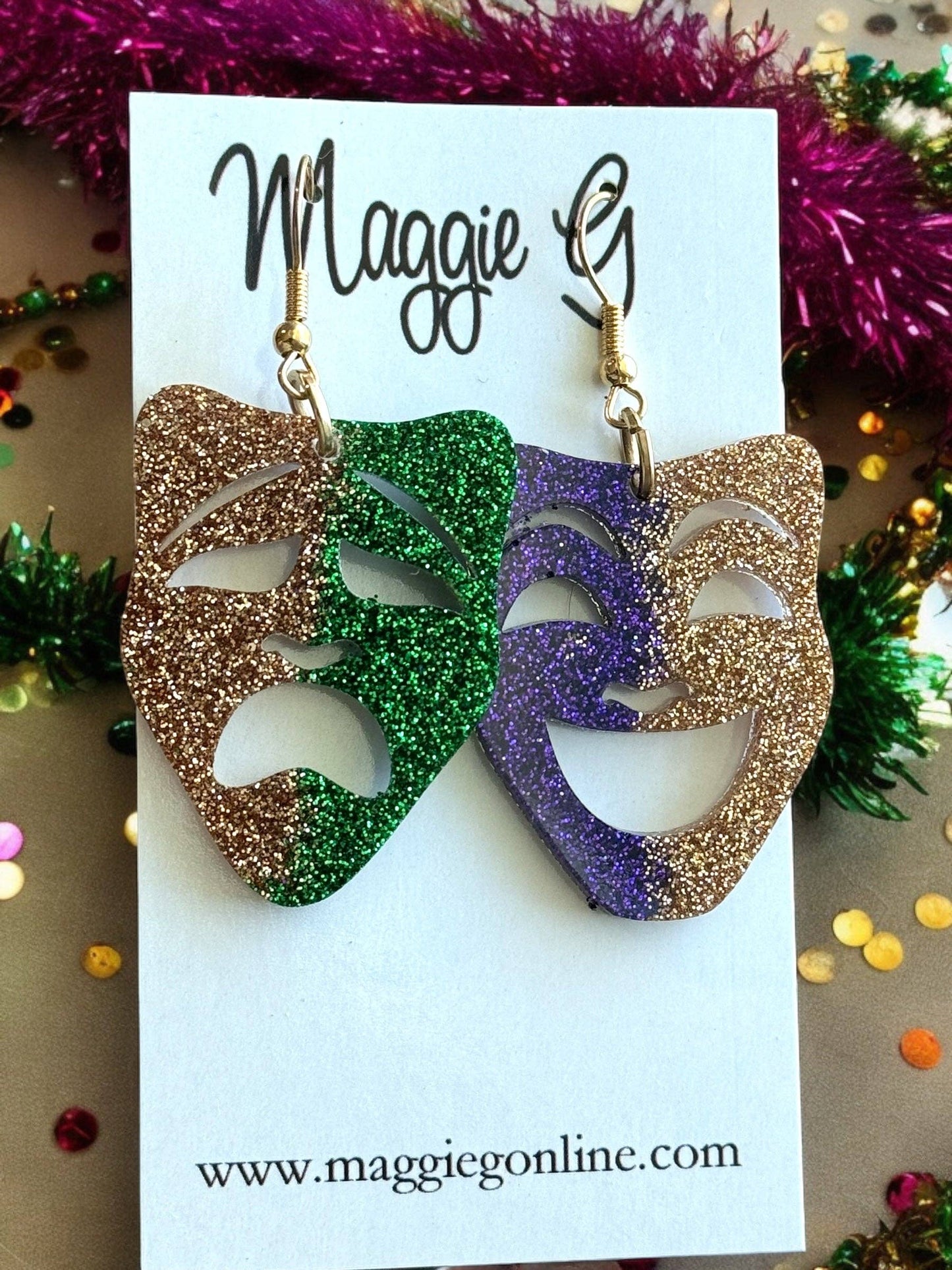 Mardi Gras Comedy & Tragedy Glitter Earrings