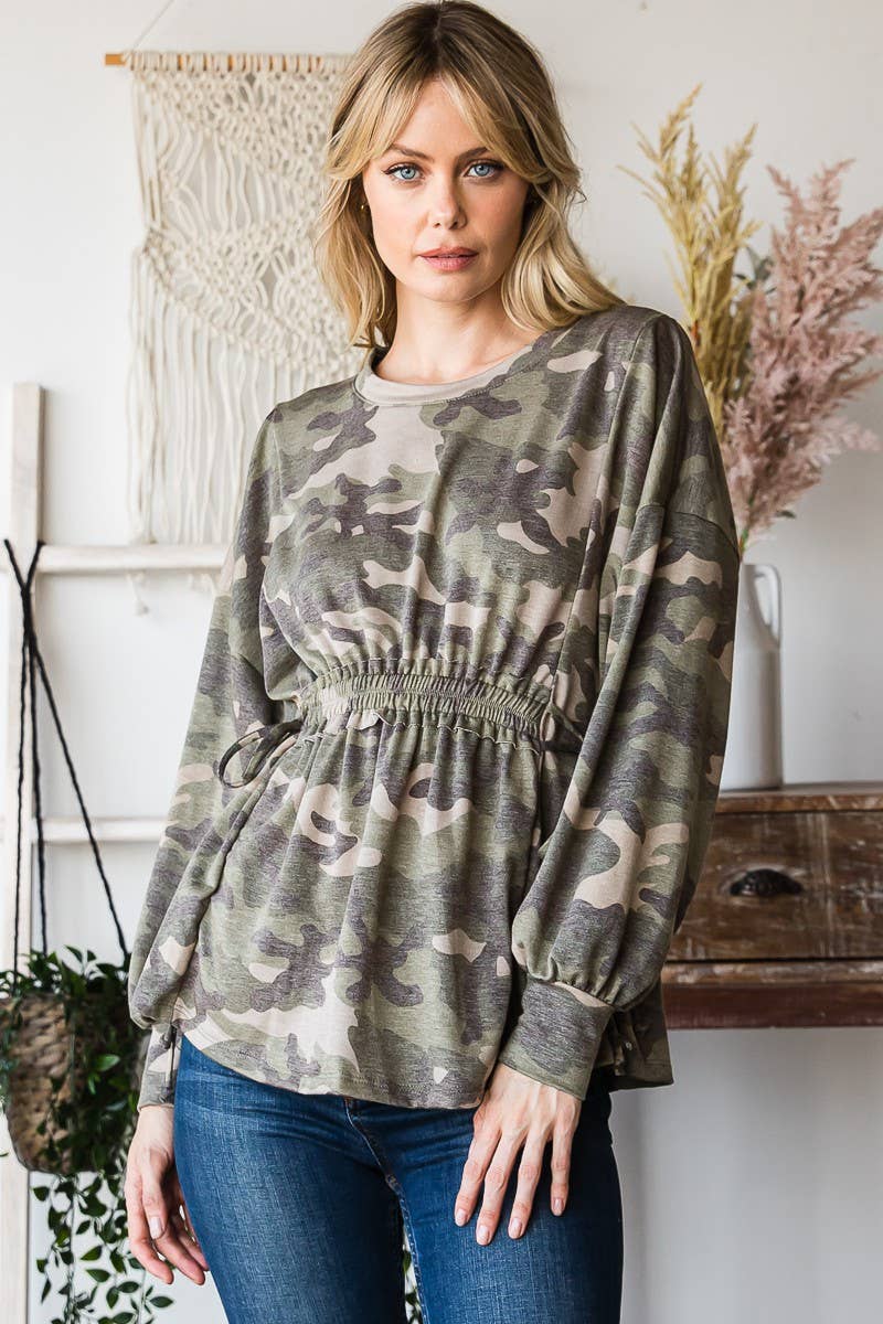 Long Sleeves Ruffle Elastic Waist Side Tie Top