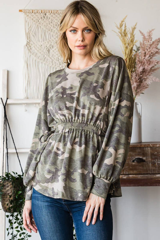 Long Sleeves Ruffle Elastic Waist Side Tie Top