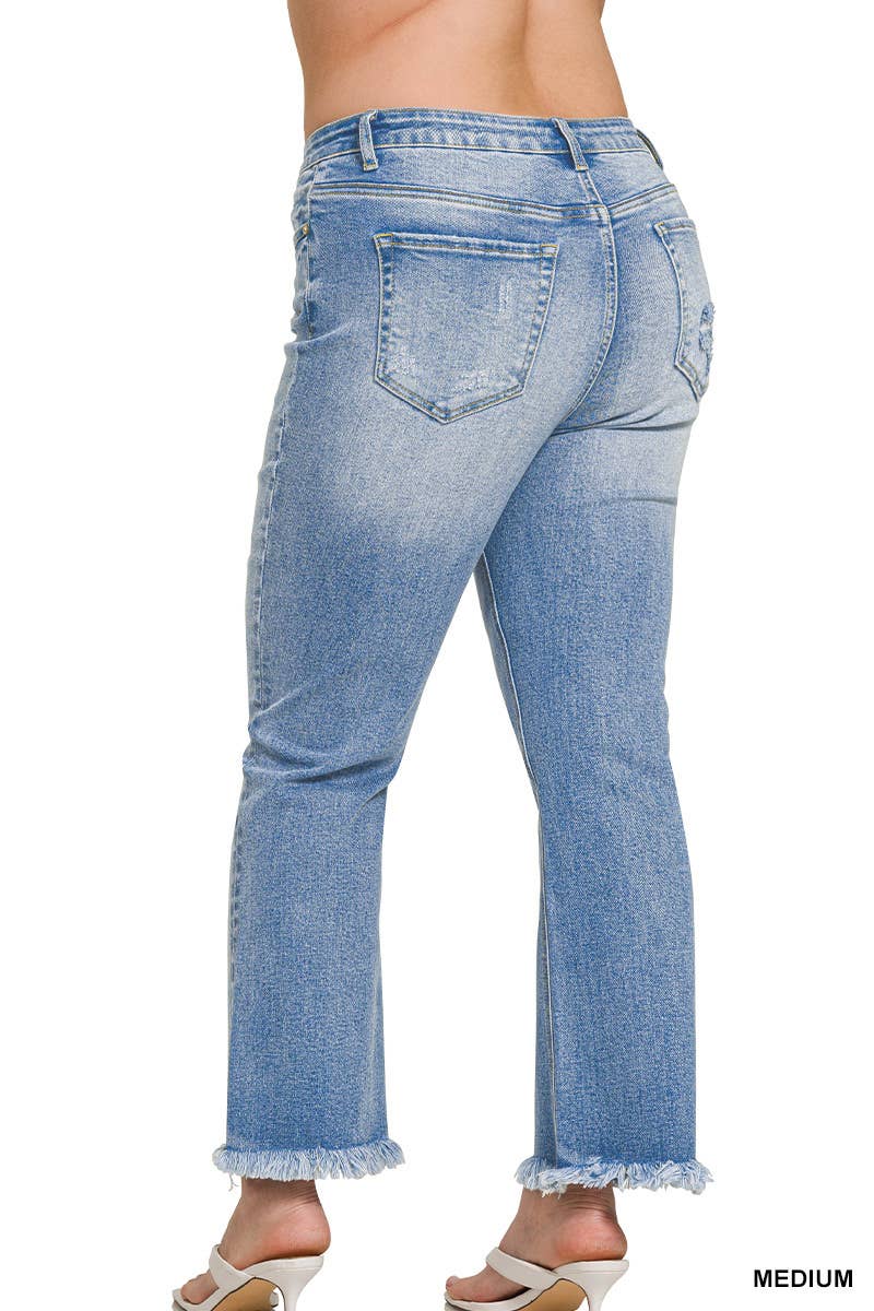 Plus Size High Rise Straight Raw Hem Cropped Jeans