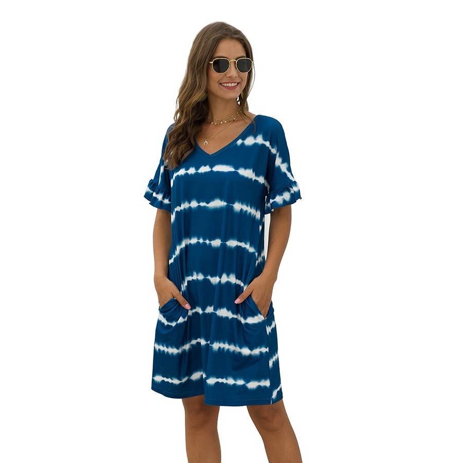 V Neck Striped Short Sleeve Dresses