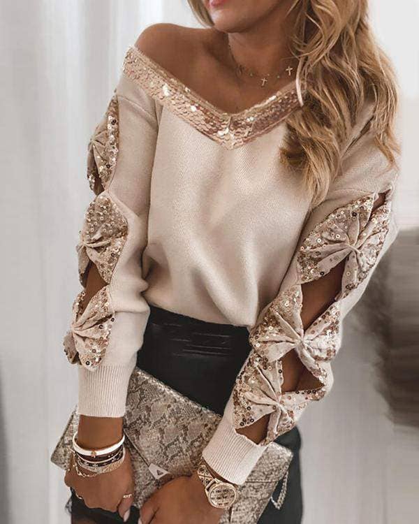 Contrast sequins bowknot design cutout sweater