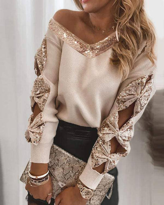 Contrast sequins bowknot design cutout sweater