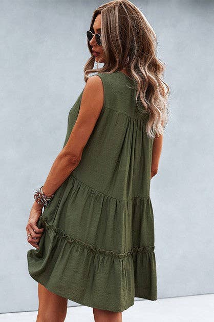 Solid V Neck Flat Collar Tiered Shift Dress
