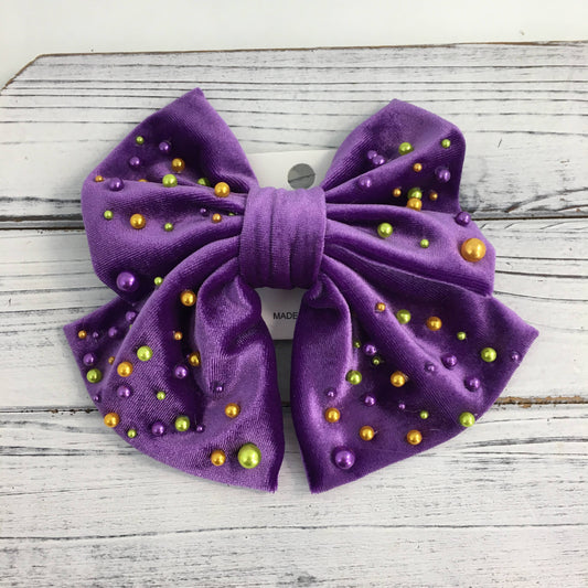 Velvet Mardi Gras Pearl Bow