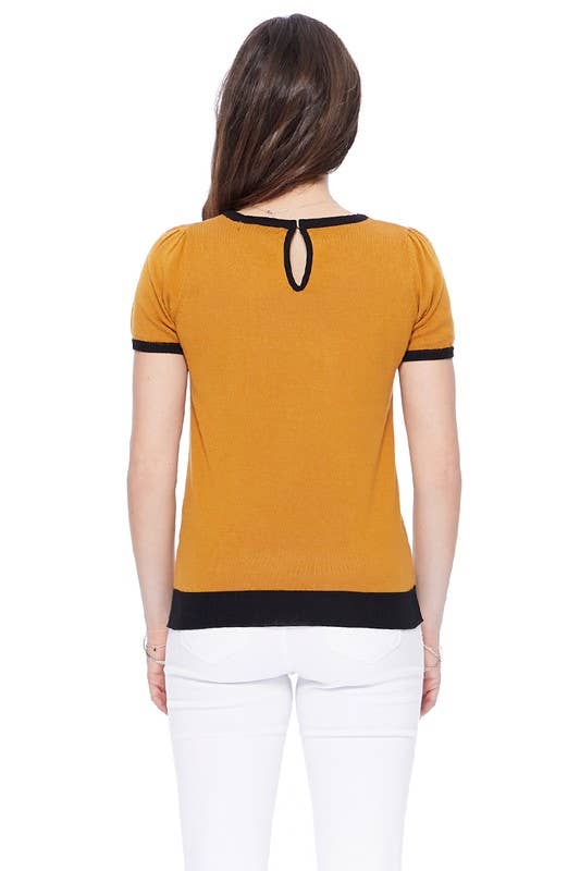 Short Sleeve Crewneck Cat Print Sweater