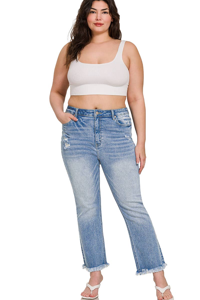 Plus Size High Rise Straight Raw Hem Cropped Jeans