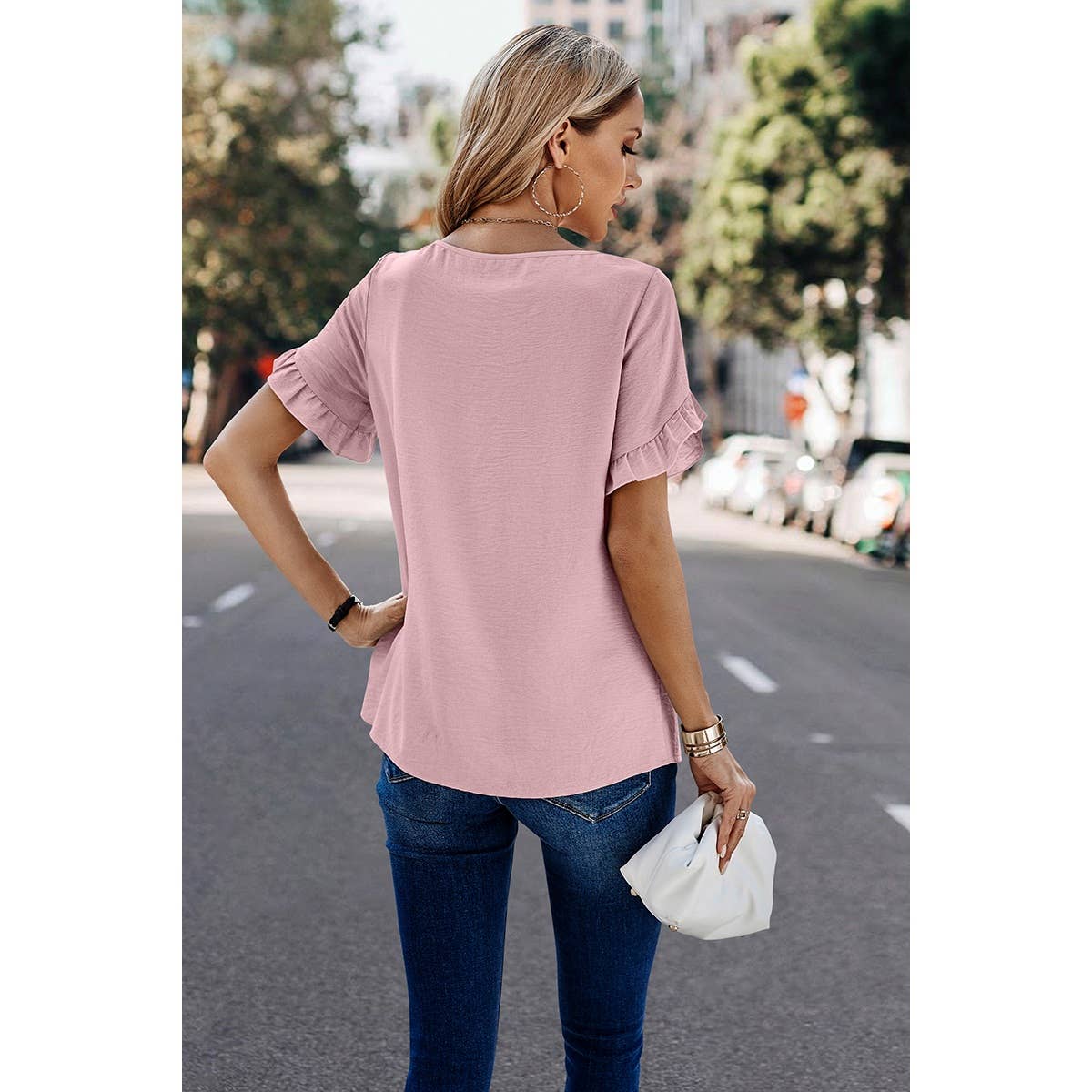 Solid Round Neck Ruffle Sleeve Loose Fit Blouse