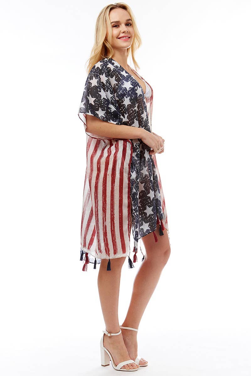 American USA Flag Beach Cover up Poncho w Fringes
