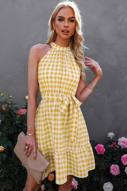 Plaid Key Hole Back Halter Sleeveless Dress