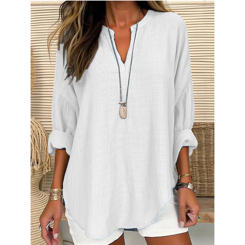 Linen Long Sleeve Casual V Neck Blouse