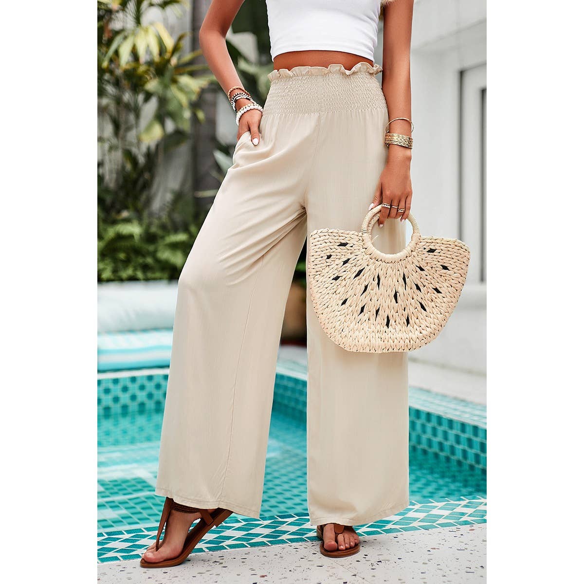 Pockets Elastic Waist Band Smocked Wide Leg Pant