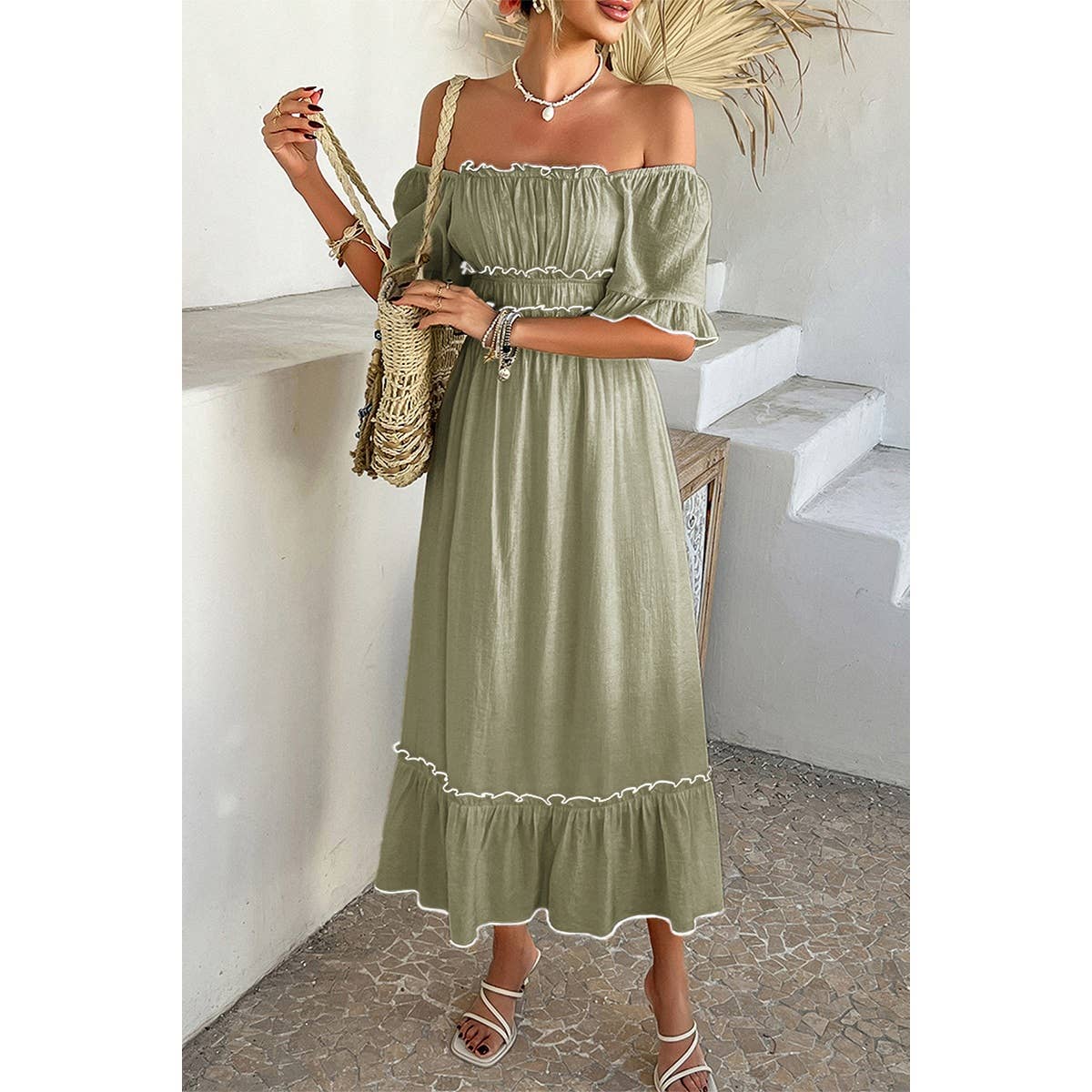 Off Shoulder Bodycon Backless Ruffle Trim Dress