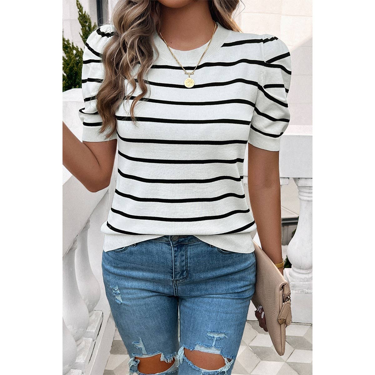 Strip Round Neck Knit Puff Sleeve Fit Top