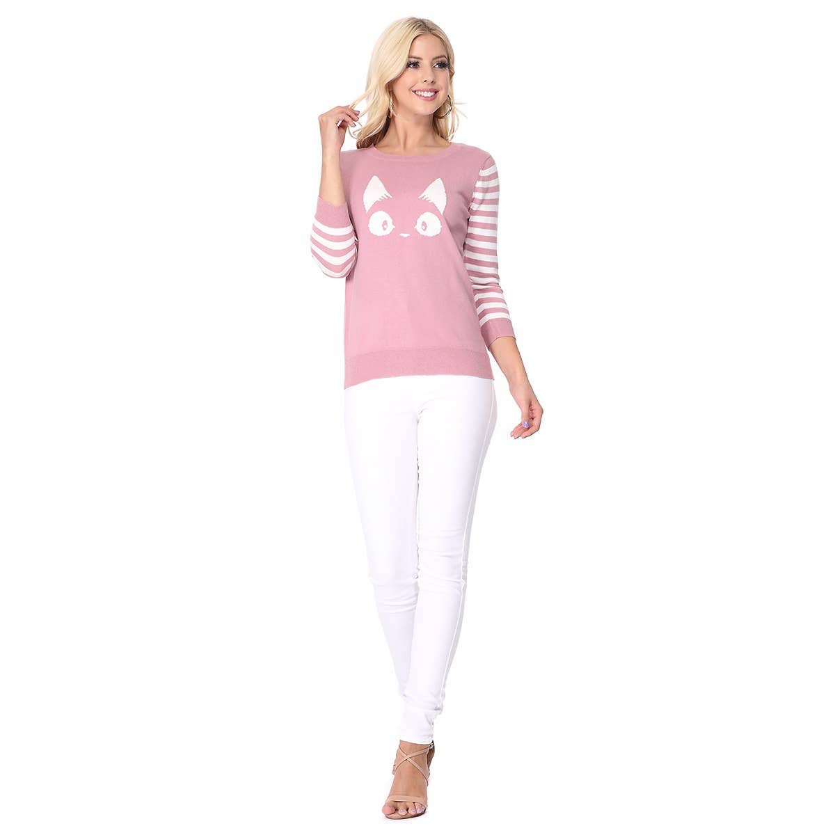 3/4 Sleeve Cat Crewneck Pullover Sweater