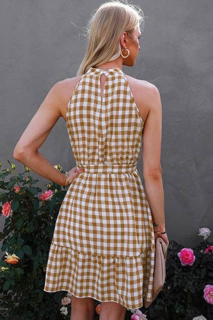 Plaid Key Hole Back Halter Sleeveless Dress