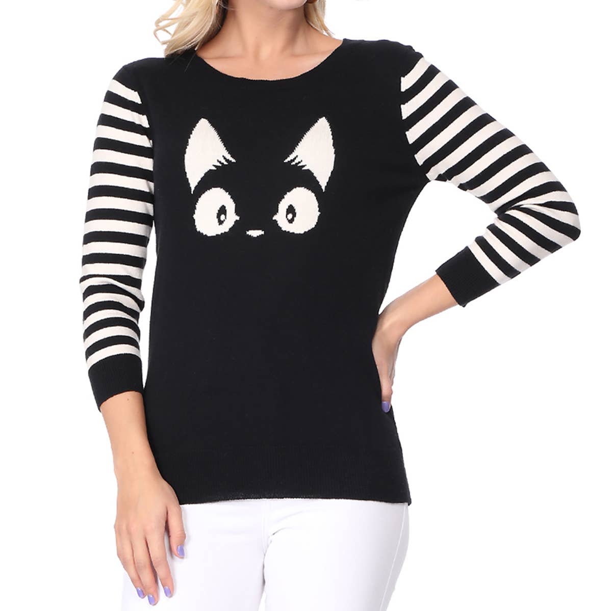 3/4 Sleeve Cat Crewneck Pullover Sweater