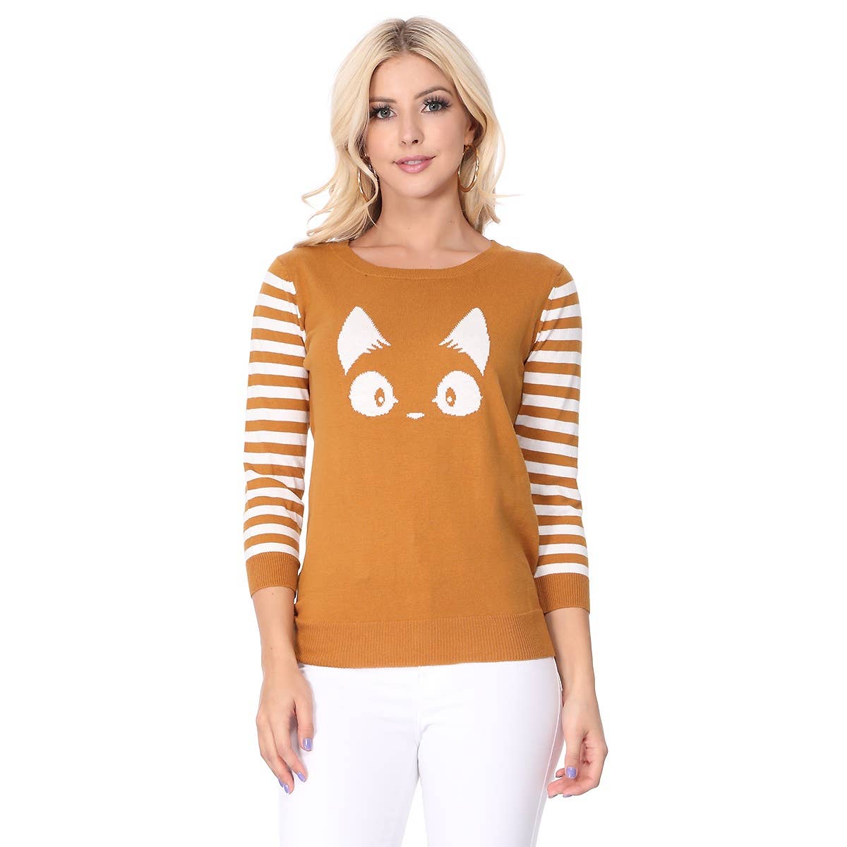 3/4 Sleeve Cat Crewneck Pullover Sweater