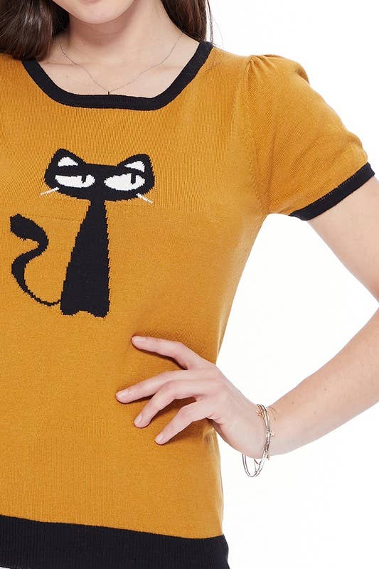 Short Sleeve Crewneck Cat Print Sweater