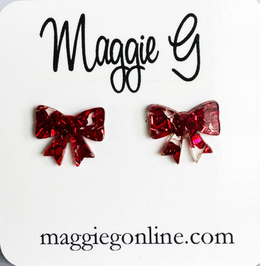 Bow Stud Earrings Petite Bow Studs Red Glitter