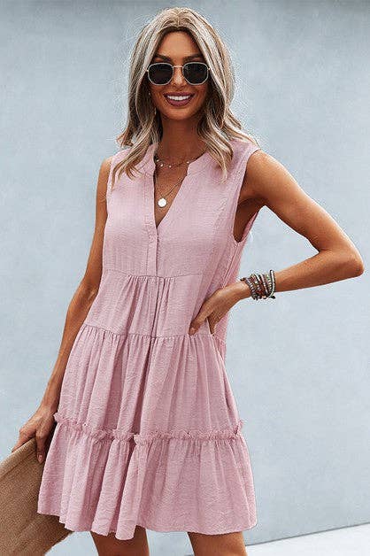 Solid V Neck Flat Collar Tiered Shift Dress